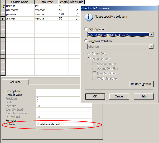 Setting the collation in SQL Server